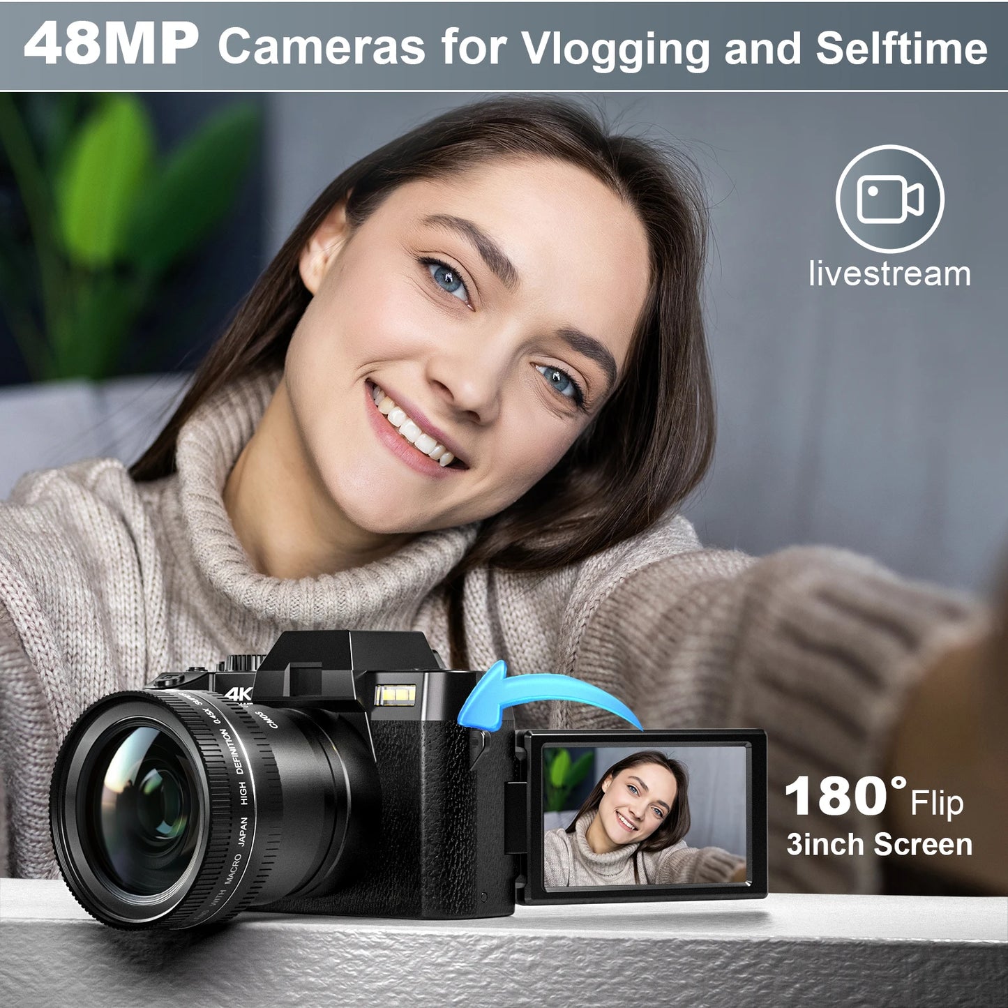 NBD 48MP Digital Cameras for Photography with WiFi & App Control,4K Autofocus Vlogging Camera , Anti-Shake,  Dual Batteries