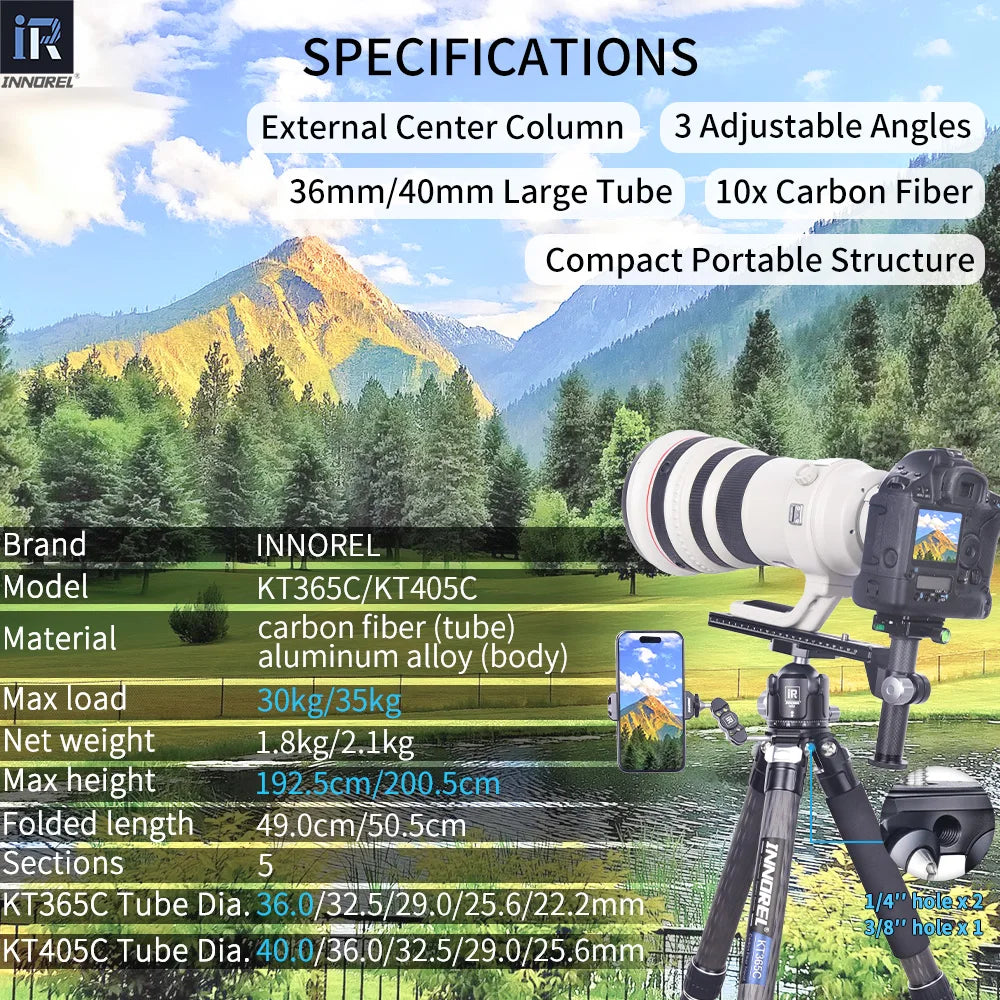 KT365C/KT405C 10 Layers Carbon Fiber Tripod for DSLR Camera 5 Sections Heavy Duty Stand Low Gravity Ballhead Short Center Column