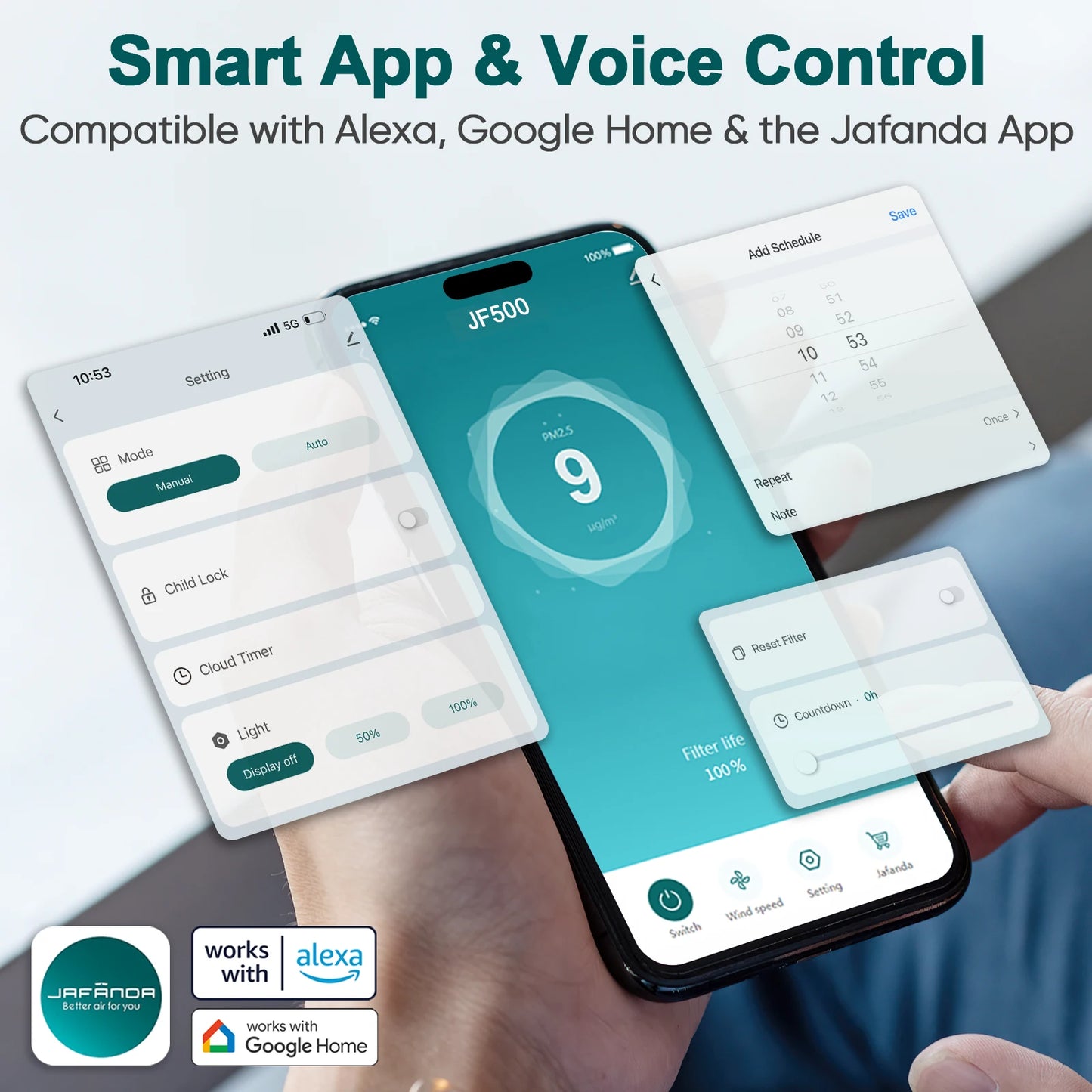 Jafända Air Purifiers for Home Large Room Up To 2105ft², 4× True HEPA Filter, 0.66lbs Activated Carbon Remove Dust Smoke Odor