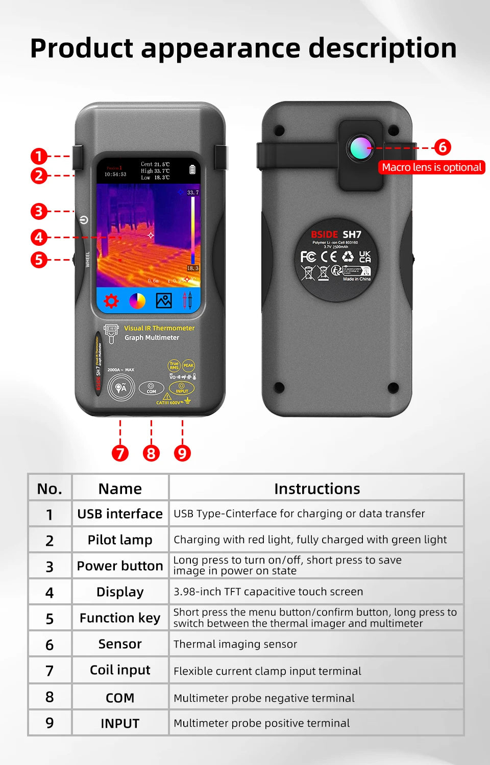 BSIDE Thermal Imager Multimeter 3.98 inch touchscreen 320*320 resolution 15 color palettes Water Leak Detection Circuit repair