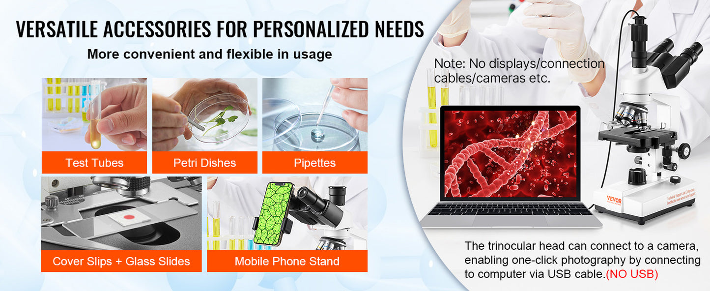 SucceBuy Compound Trinocular Microscope 40X-2500/40X-5000X Magnification Lab Microscope w/ LED Illumination & External Interface