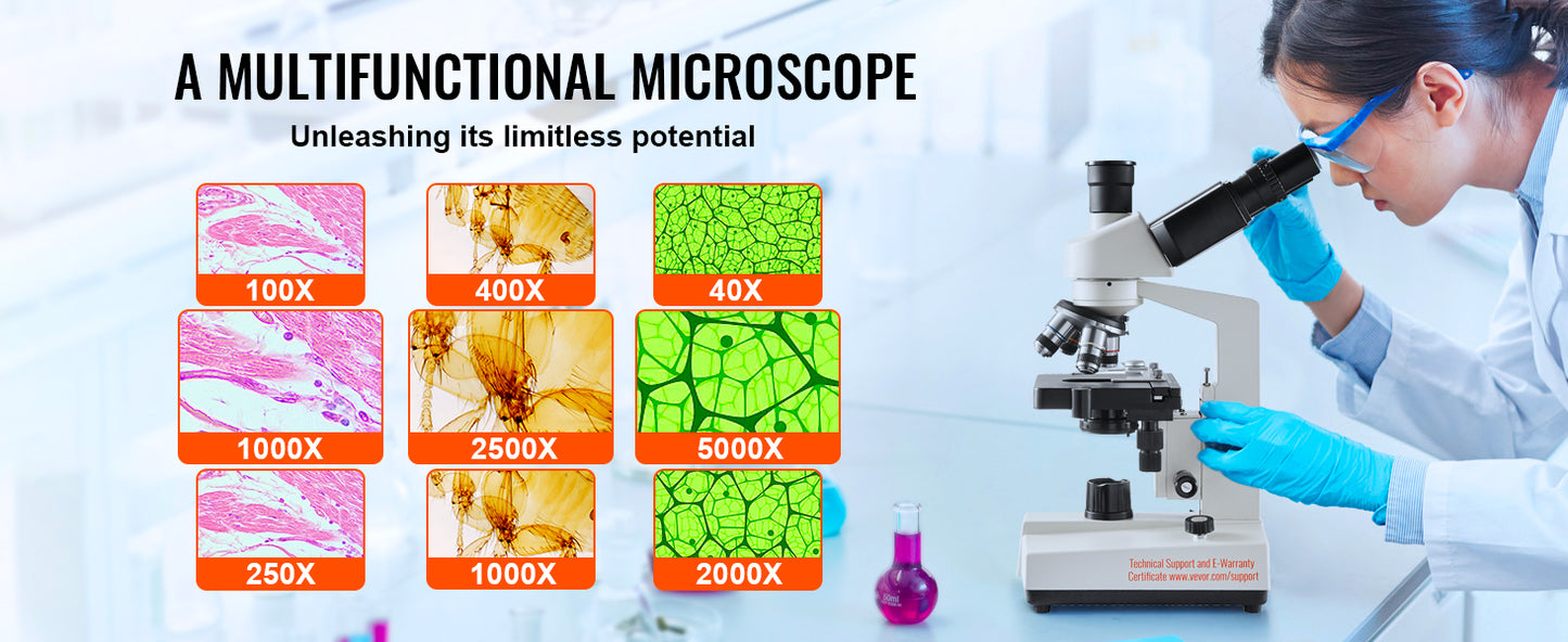 SucceBuy Compound Trinocular Microscope 40X-2500/40X-5000X Magnification Lab Microscope w/ LED Illumination & External Interface